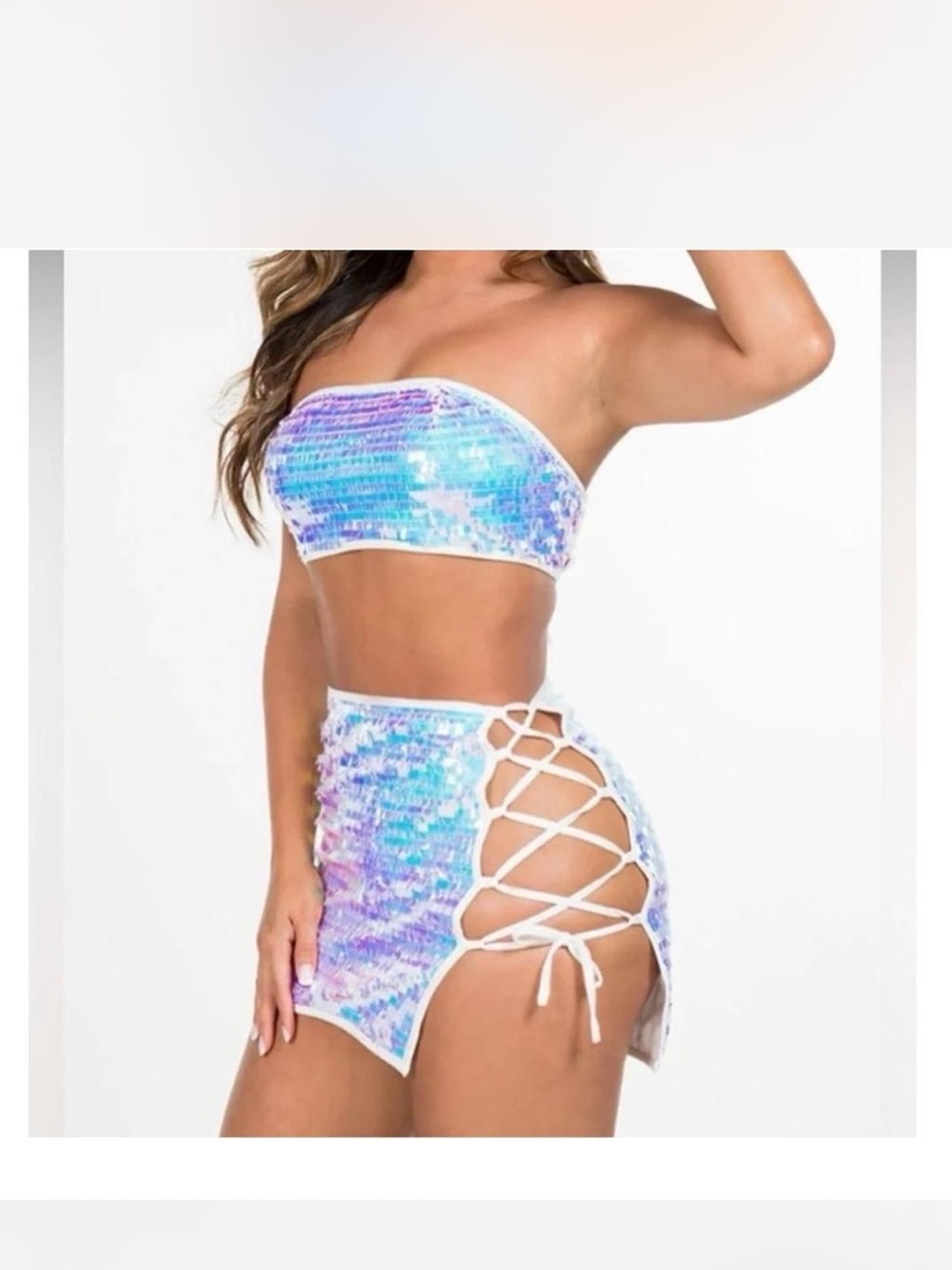 Bear Dance Iridescent Sequin Mini Skirt with Side Lace-Up - Blue Purple-white